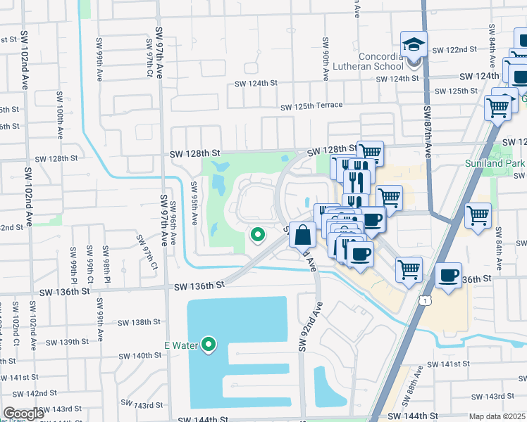 map of restaurants, bars, coffee shops, grocery stores, and more near 13100 Southwest 92nd Avenue in Miami