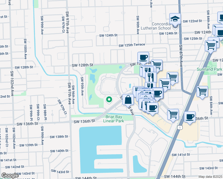 map of restaurants, bars, coffee shops, grocery stores, and more near 13100 Southwest 92nd Avenue in Miami