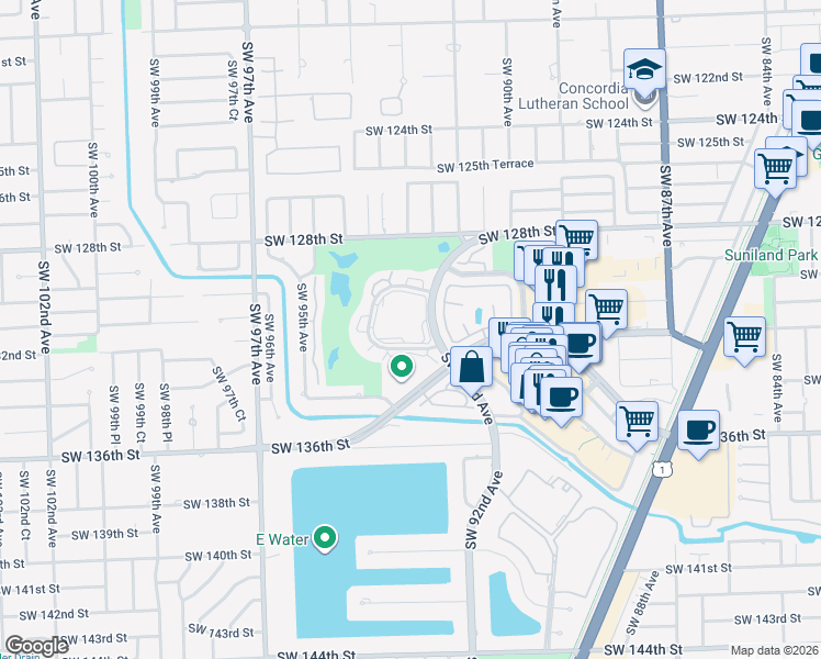 map of restaurants, bars, coffee shops, grocery stores, and more near 75 Southwest 132nd Street in Miami