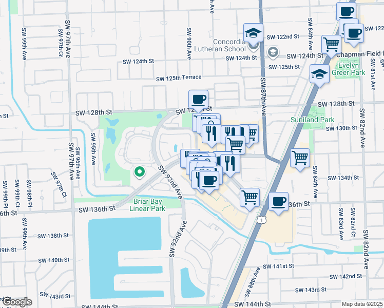 map of restaurants, bars, coffee shops, grocery stores, and more near 9034 Southwest 132nd Lane in Miami