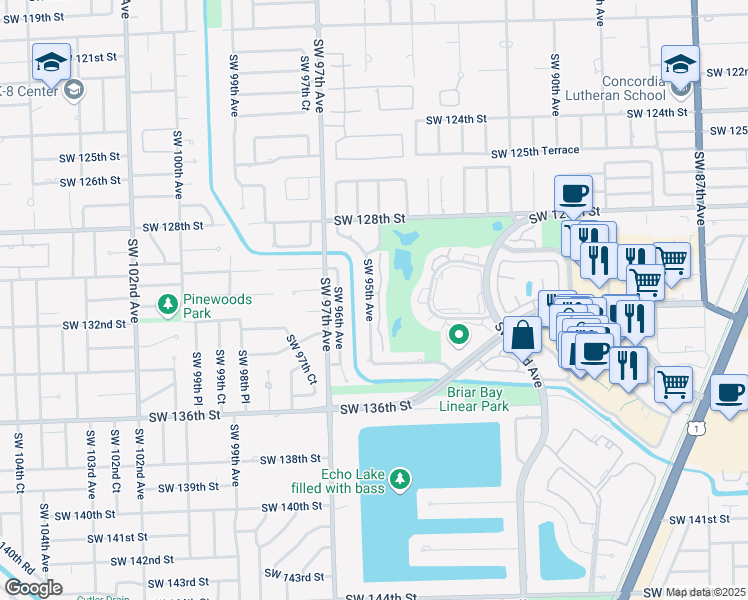 map of restaurants, bars, coffee shops, grocery stores, and more near 13200 Southwest 95th Avenue in Miami