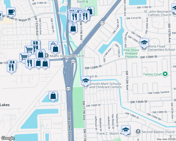 map of restaurants, bars, coffee shops, grocery stores, and more near 13005 Southwest 116th Court in Miami