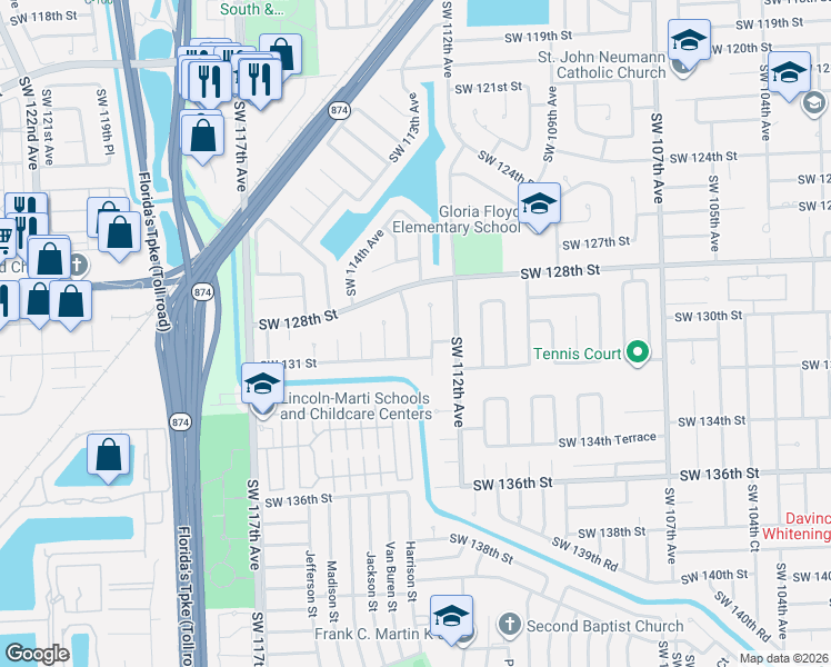 map of restaurants, bars, coffee shops, grocery stores, and more near 12905 Southwest 112th Court in Miami