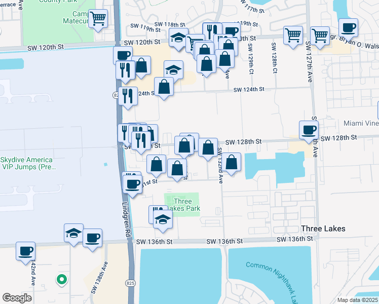 map of restaurants, bars, coffee shops, grocery stores, and more near 13300 Southwest 128th Street in Miami