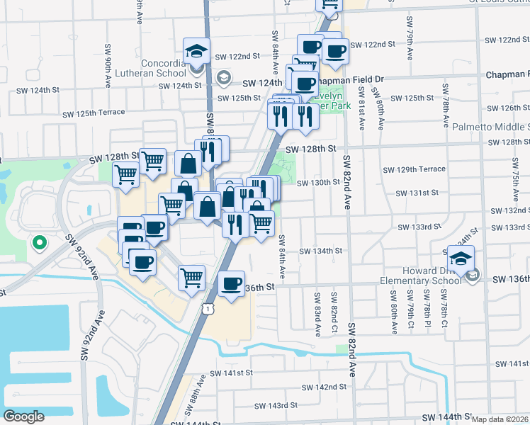 map of restaurants, bars, coffee shops, grocery stores, and more near 13101 South Dixie Highway in Miami