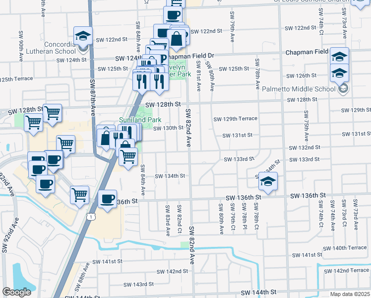 map of restaurants, bars, coffee shops, grocery stores, and more near 13120 Southwest 82nd Avenue in Miami