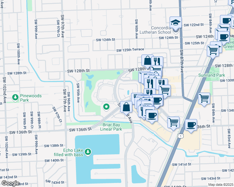 map of restaurants, bars, coffee shops, grocery stores, and more near 9176 Southwest 130th Lane in Miami