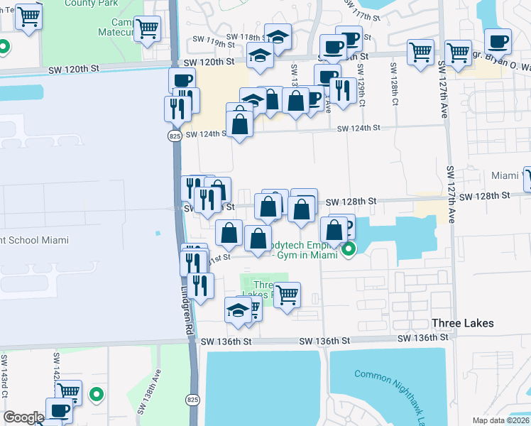 map of restaurants, bars, coffee shops, grocery stores, and more near 13364 Southwest 128th Street in Miami