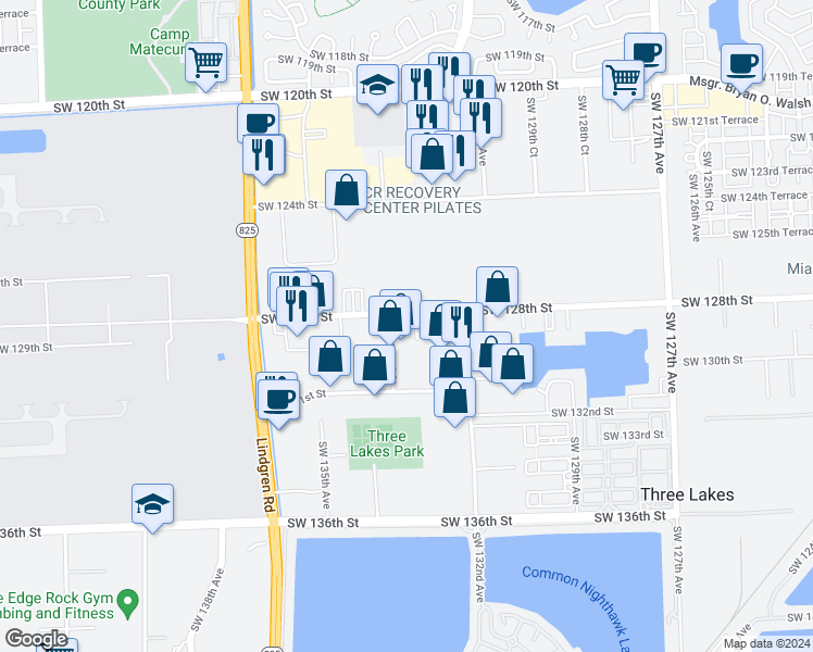 map of restaurants, bars, coffee shops, grocery stores, and more near 13300 Southwest 128th Street in Miami