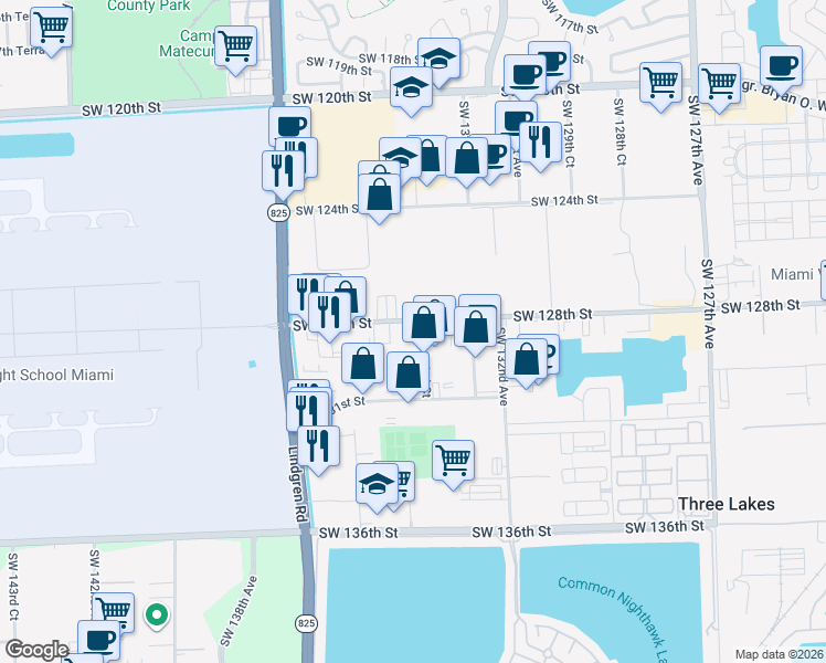 map of restaurants, bars, coffee shops, grocery stores, and more near 13364 Southwest 128th Street in Miami