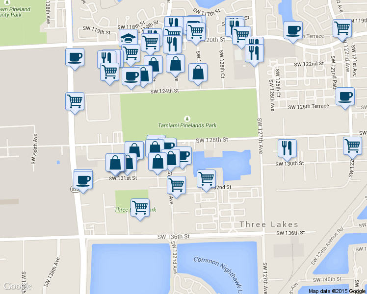 map of restaurants, bars, coffee shops, grocery stores, and more near 13100 SW 128th St in Miami