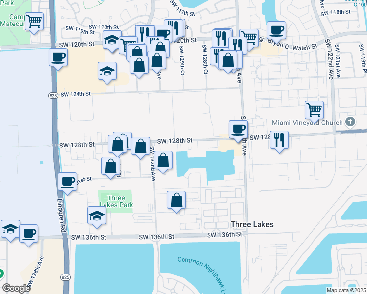 map of restaurants, bars, coffee shops, grocery stores, and more near 13032 Southwest 128th Street in Miami