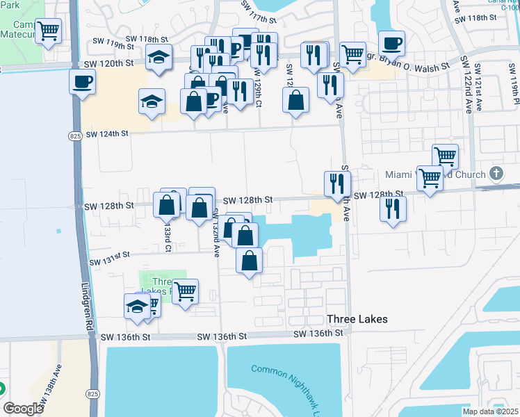map of restaurants, bars, coffee shops, grocery stores, and more near 13032 Southwest 128th Street in Miami