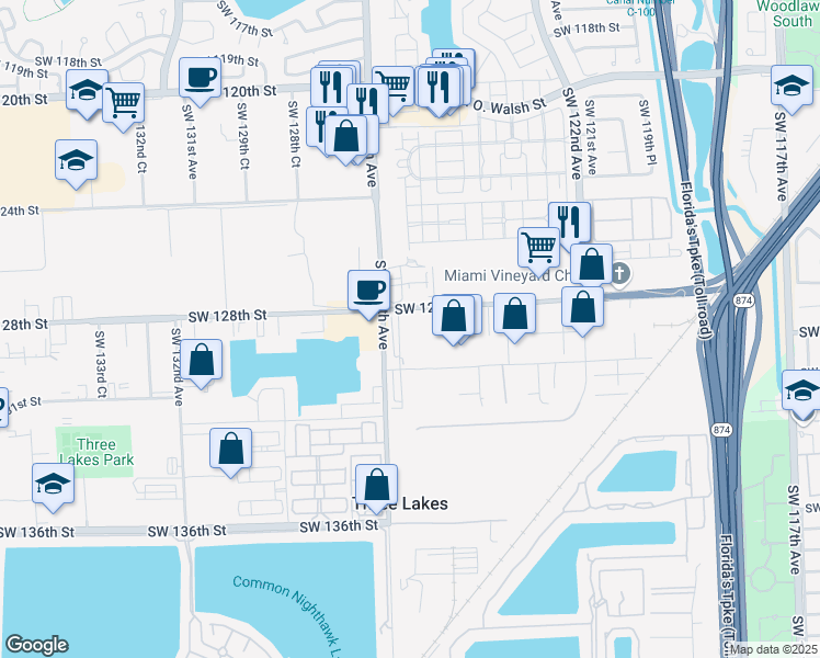 map of restaurants, bars, coffee shops, grocery stores, and more near 12556-12576 Southwest 128th Street in Miami
