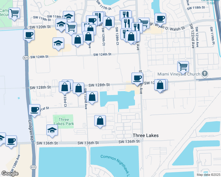 map of restaurants, bars, coffee shops, grocery stores, and more near 12900 Southwest 128th Street in Miami