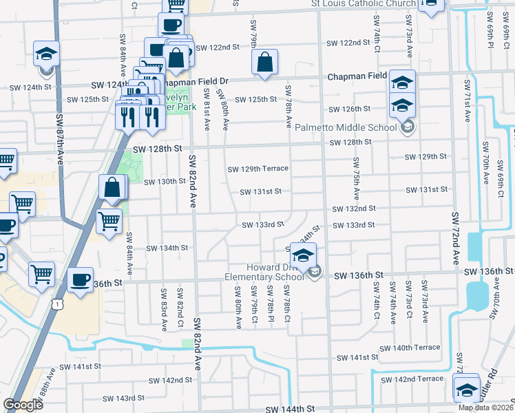 map of restaurants, bars, coffee shops, grocery stores, and more near 7901 Southwest 132nd Street in Miami