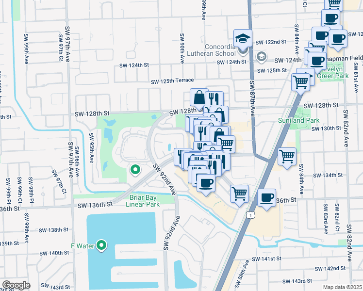 map of restaurants, bars, coffee shops, grocery stores, and more near 13198 Southwest 89th Place in Miami
