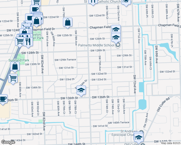map of restaurants, bars, coffee shops, grocery stores, and more near 7675 Southwest 132nd Street in Miami