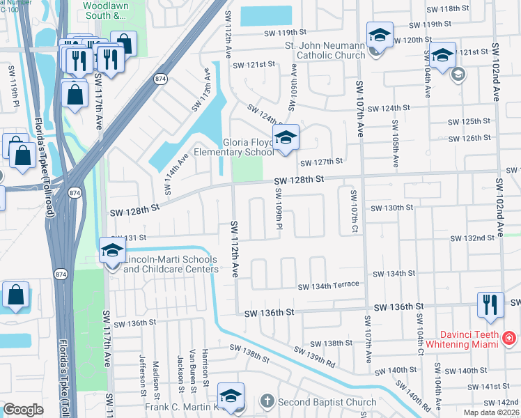 map of restaurants, bars, coffee shops, grocery stores, and more near 12915 Southwest 110th Avenue in Miami
