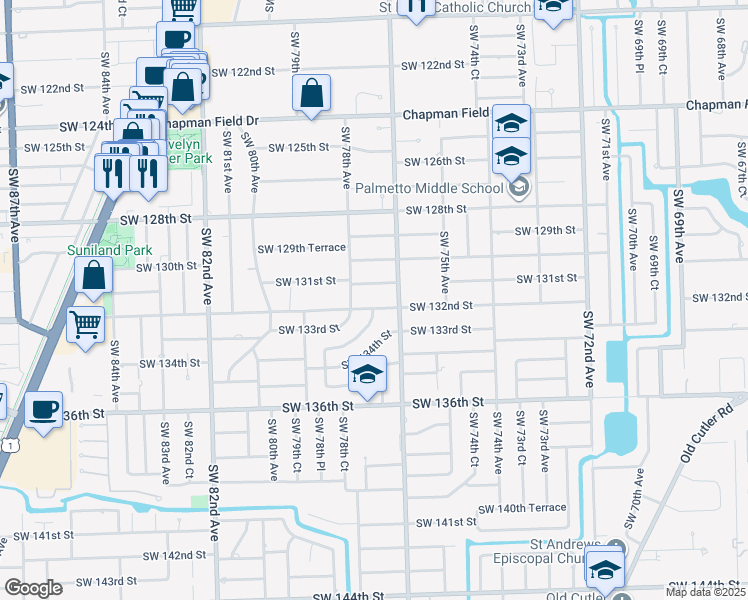 map of restaurants, bars, coffee shops, grocery stores, and more near 7745 Southwest 132nd Street in Miami