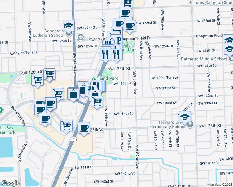 map of restaurants, bars, coffee shops, grocery stores, and more near 13125 Southwest 83rd Avenue in Miami