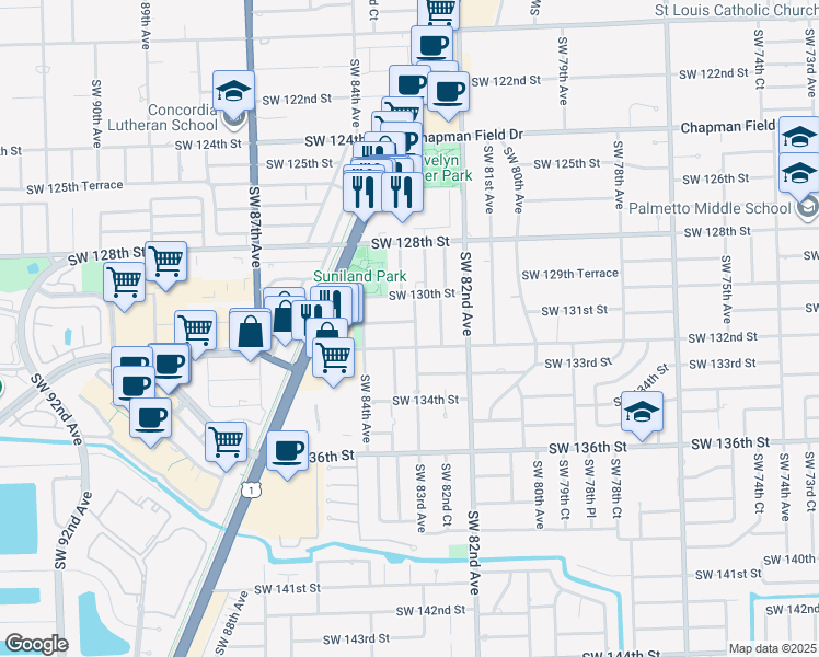 map of restaurants, bars, coffee shops, grocery stores, and more near 13125 Southwest 83rd Avenue in Miami