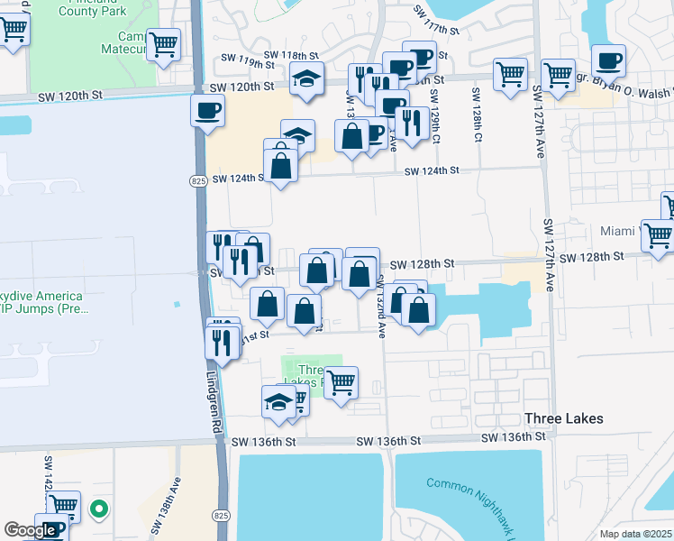 map of restaurants, bars, coffee shops, grocery stores, and more near 13300 Southwest 128th Street in Miami