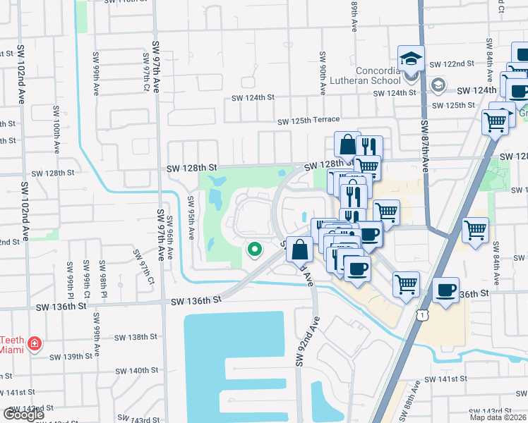 map of restaurants, bars, coffee shops, grocery stores, and more near 13020 Southwest 92nd Avenue in Miami