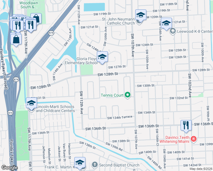 map of restaurants, bars, coffee shops, grocery stores, and more near 10925 Southwest 129th Terrace in Miami