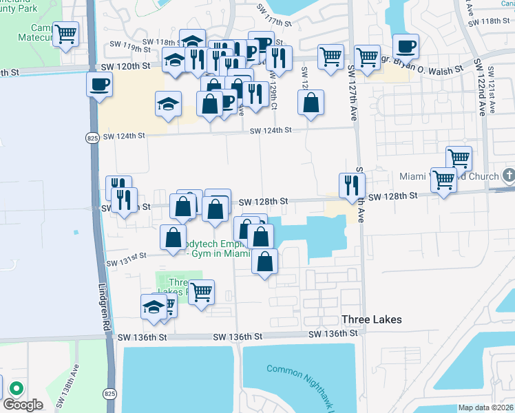 map of restaurants, bars, coffee shops, grocery stores, and more near 13100 SW 128th St in Miami