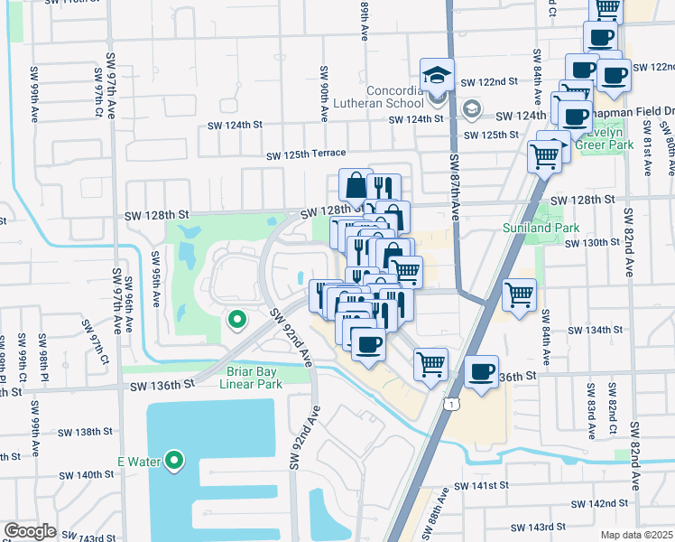 map of restaurants, bars, coffee shops, grocery stores, and more near 13198 SW 89th Pl in Miami