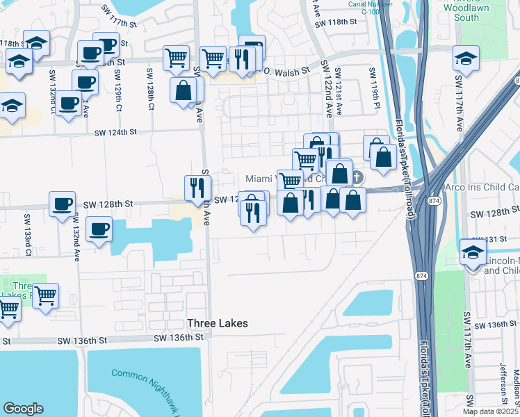 map of restaurants, bars, coffee shops, grocery stores, and more near 12444 Southwest 128th Street in Miami