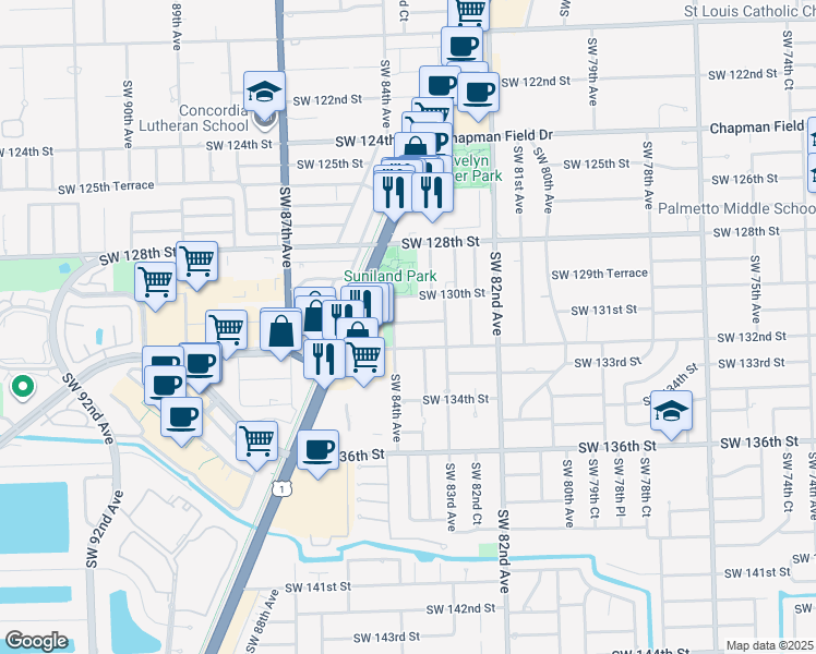 map of restaurants, bars, coffee shops, grocery stores, and more near 8360 Southwest 131st Street in Pinecrest