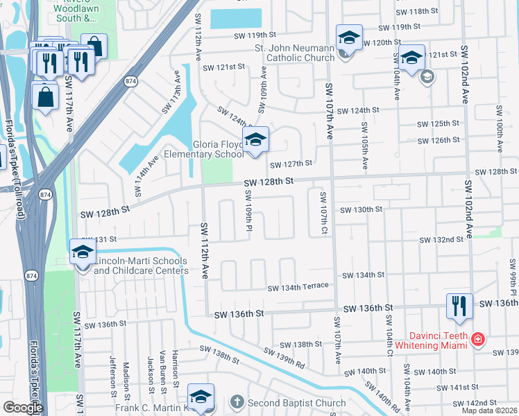 map of restaurants, bars, coffee shops, grocery stores, and more near 10925 Southwest 129th Terrace in Miami