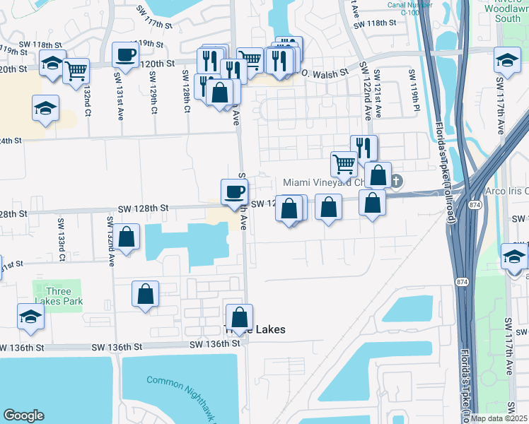 map of restaurants, bars, coffee shops, grocery stores, and more near 12556 Southwest 128th Street in Miami