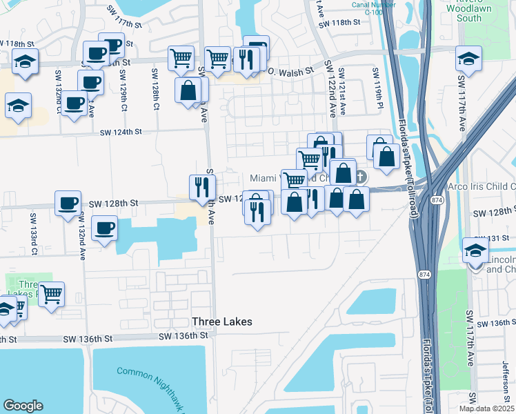 map of restaurants, bars, coffee shops, grocery stores, and more near 12444 Southwest 128th Street in Miami