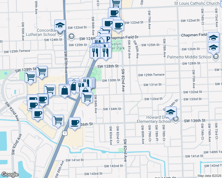 map of restaurants, bars, coffee shops, grocery stores, and more near 13125 Southwest 83rd Avenue in Miami