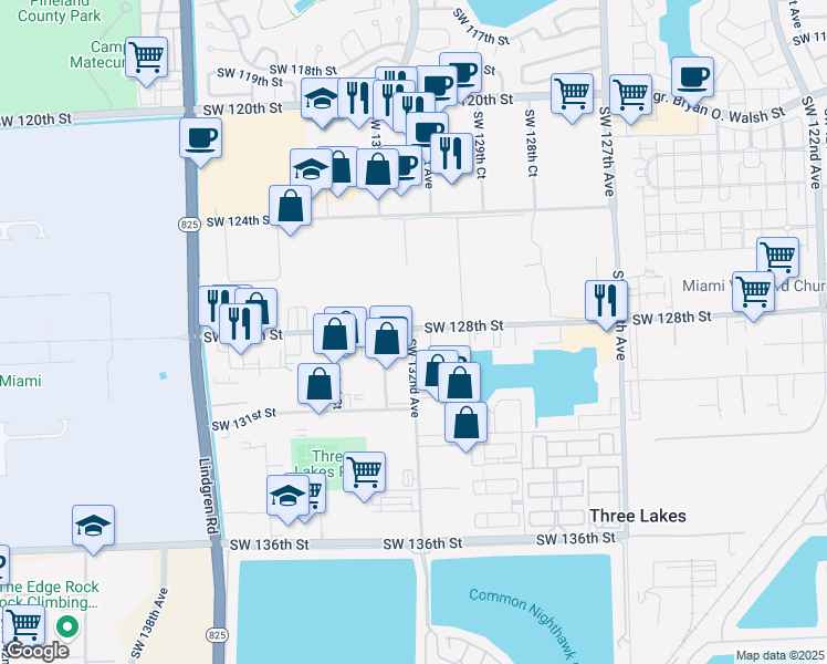 map of restaurants, bars, coffee shops, grocery stores, and more near 13205 Southwest 128th Street in Miami
