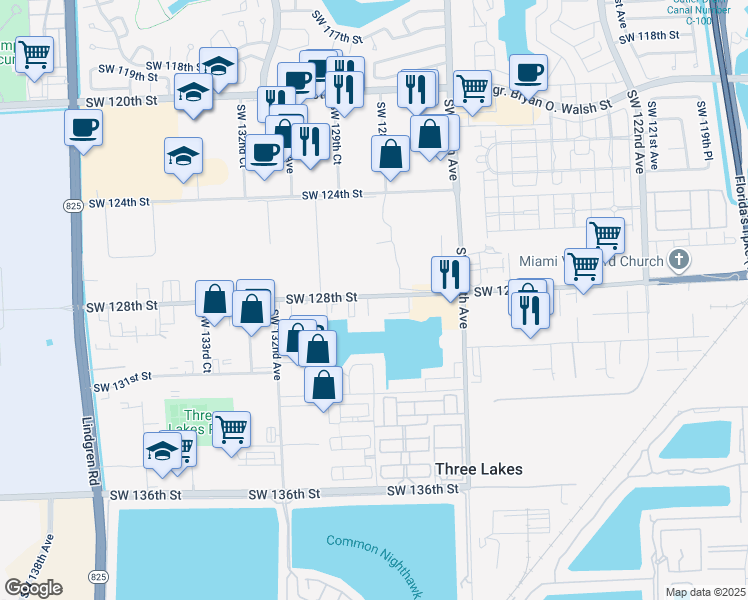 map of restaurants, bars, coffee shops, grocery stores, and more near 12900 Southwest 128th Street in Miami