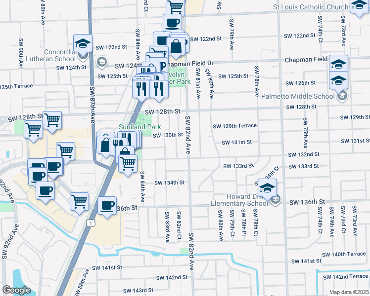 map of restaurants, bars, coffee shops, grocery stores, and more near 13120 Southwest 82nd Avenue in Miami