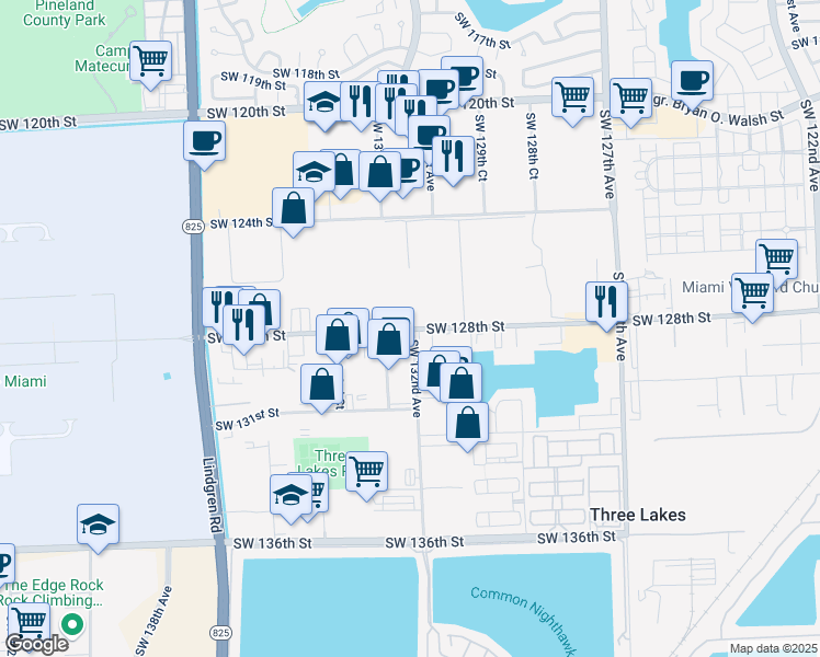 map of restaurants, bars, coffee shops, grocery stores, and more near 13205 Southwest 128th Street in Miami