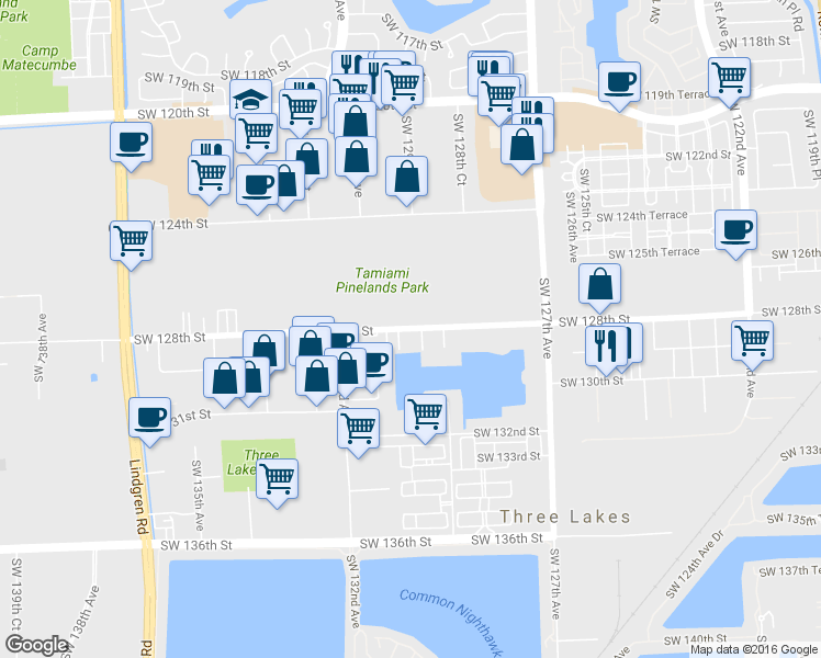 map of restaurants, bars, coffee shops, grocery stores, and more near 13032 Southwest 128th Street in Miami