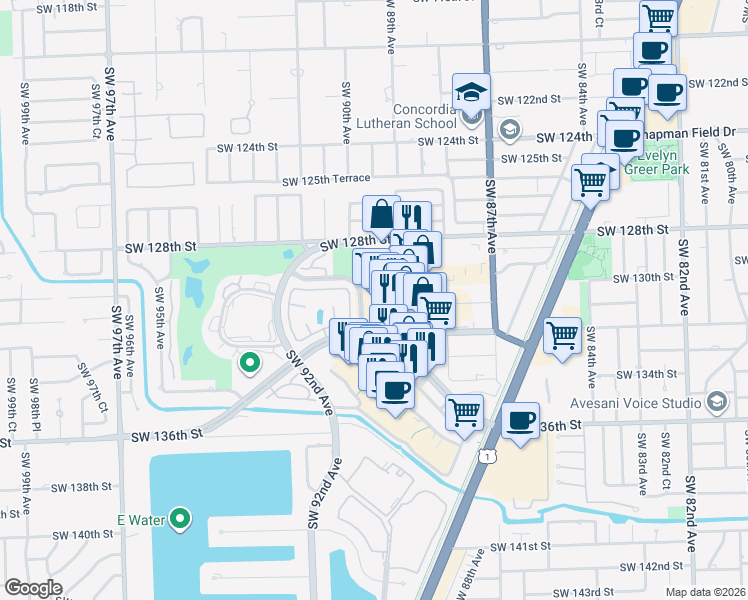 map of restaurants, bars, coffee shops, grocery stores, and more near 13198 Southwest 89th Place in Miami