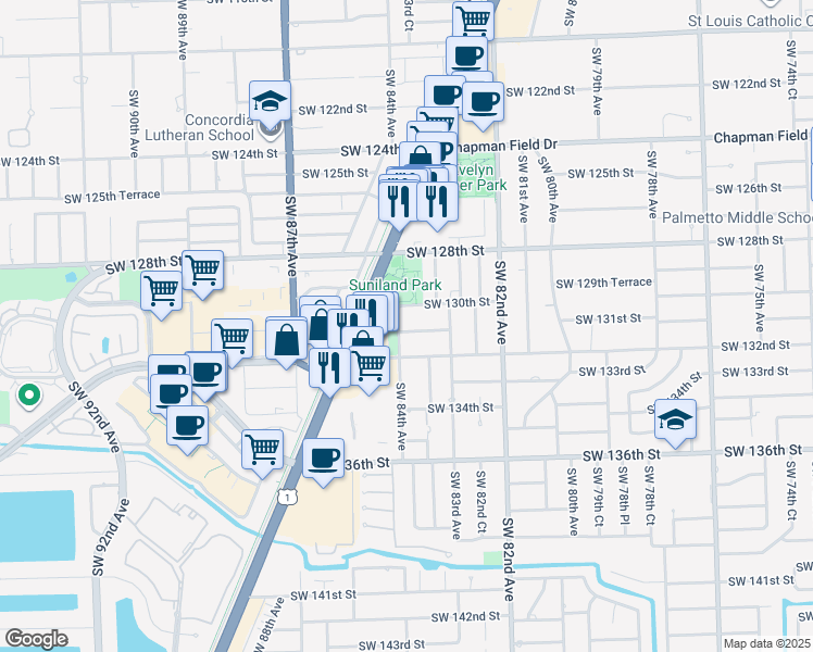 map of restaurants, bars, coffee shops, grocery stores, and more near 8360 Southwest 131st Street in Pinecrest
