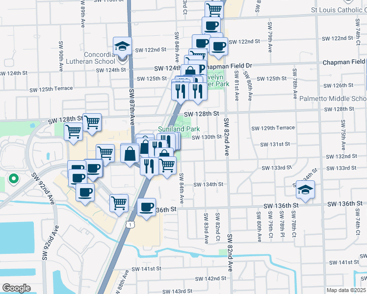 map of restaurants, bars, coffee shops, grocery stores, and more near 8360 Southwest 131st Street in Pinecrest