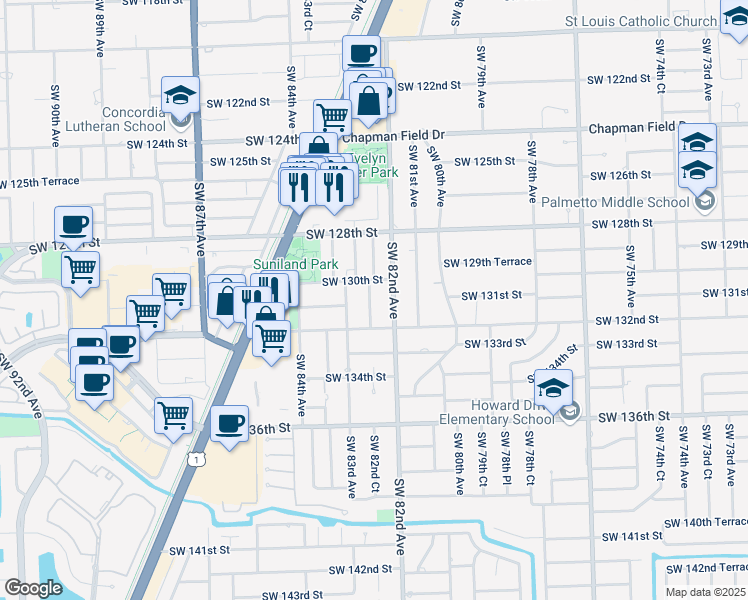 map of restaurants, bars, coffee shops, grocery stores, and more near 13120 Southwest 82nd Avenue in Miami