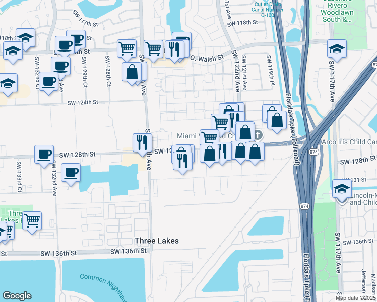 map of restaurants, bars, coffee shops, grocery stores, and more near 12444 Southwest 128th Street in Miami