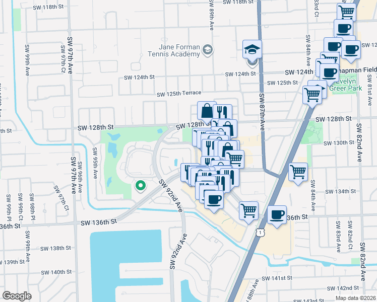 map of restaurants, bars, coffee shops, grocery stores, and more near 13198 Southwest 89th Place in Miami