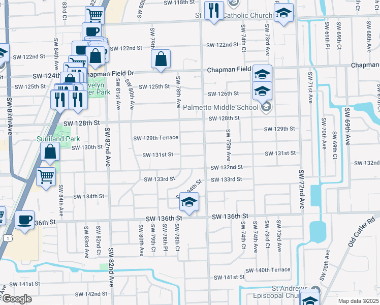 map of restaurants, bars, coffee shops, grocery stores, and more near 7745 Southwest 132nd Street in Miami
