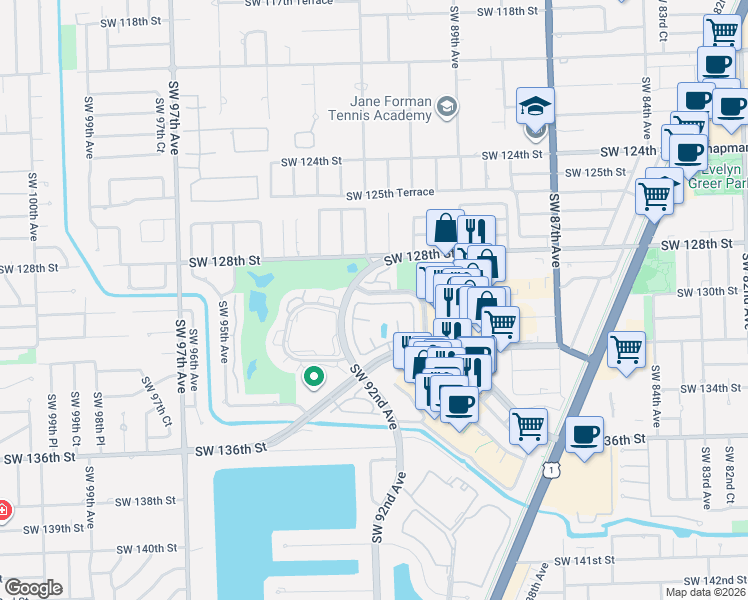 map of restaurants, bars, coffee shops, grocery stores, and more near 12895 Southwest 91st Court in Miami